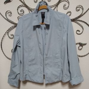EILEEN FISHER organic cotton button front collared blue jacket, L